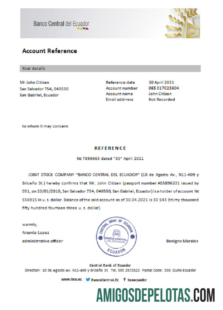Referência do Banco Central do Equador do Equador exemplo real